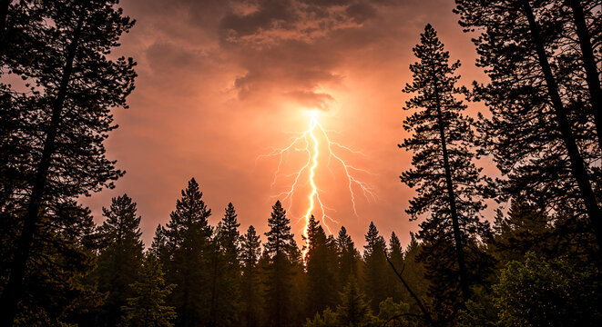 Lightning strikes over a dense forest against a dramatic orange sky during a storm in the evening - Powered by Adobe