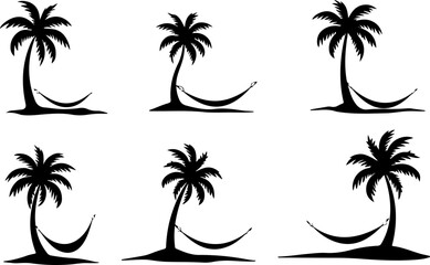 Fototapeta premium Tropical Hammock & Palm Tree Silhouette Set