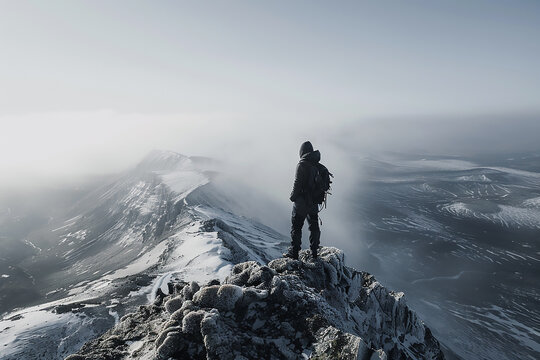 A lone hiker stands on a snowy mountain peak, gazing out at the vast, misty landscape - Powered by Adobe