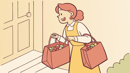 Joyful woman arrives at doorway carrying two shopping bags filled with fresh produce ready for a healthy meal preparation