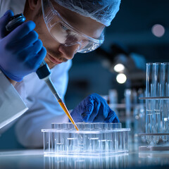 Male scientist in protective gear using a micropipette to transfer liquid into test tubes, conducting precise laboratory research in a high-tech lab environment.