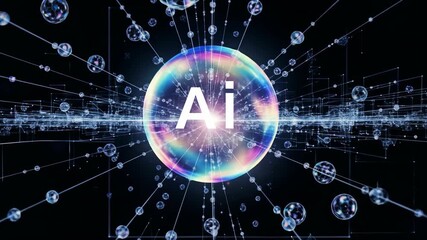 Ai letters on colorful iridescent sphere with connected lines and floating bubbles. Digital data processing for artificial intelligence concept. 2d animation. - Powered by Adobe