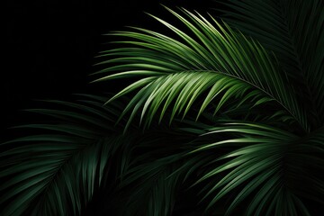 Close-up of lush palm fronds against black backdrop