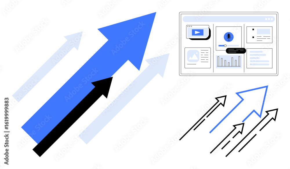 Aufkleber blue and black arrows pointing upward beside a data dashboard screen suggesting statistics. ideal fo