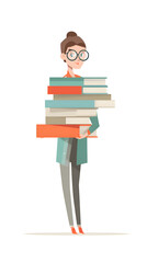 A Young Woman Carrying a Large Stack of Colorful Books Against a Transparent Background