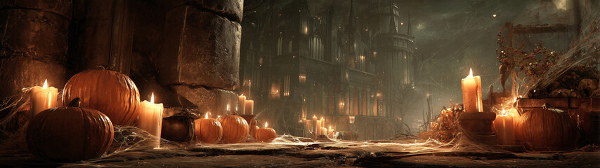 Old castle, pumpkins, lanterns and candles