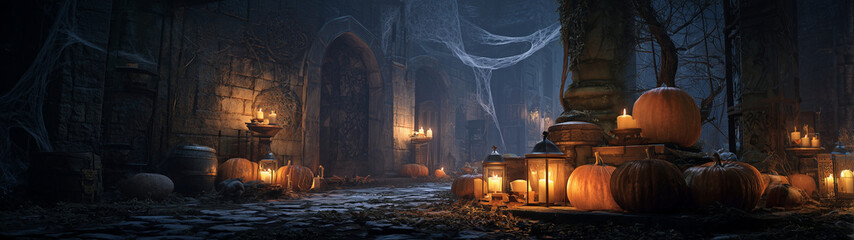 Old castle, pumpkins, lanterns and candles