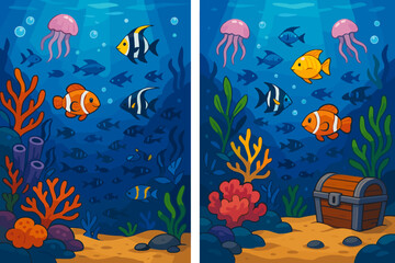 Obraz premium Underwater scene with colorful fish and jellyfish in ocean environment - Concept of Find differences. Educational game for children. Cartoon vector illustration 