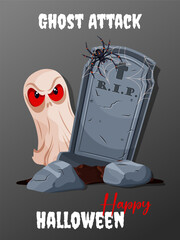 Halloween poster with spooky ghost, old tombstone, rocks, and black spider on web. Vector illustration for for the party invitations or greeting postcard.