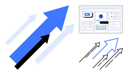 Blue and black arrows pointing upward beside a data dashboard screen suggesting statistics. Ideal for growth, progress, strategy, success, analytics, motivation, business innovation. Simple flat