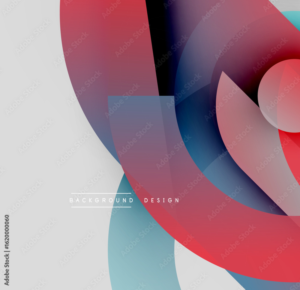 Poster abstract geometric shapes overlap, creating vibrant color gradients. red, blue, white dominate compo