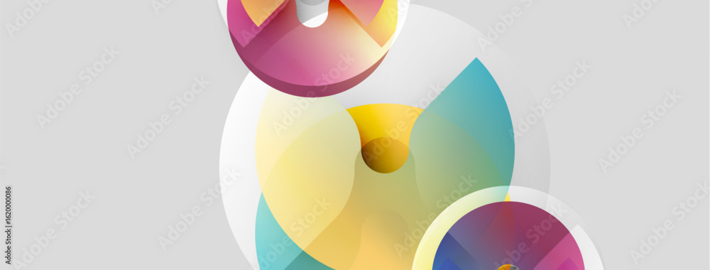 Poster abstract colorful circles overlap, creating dynamic visual composition. soft gradients suggest light
