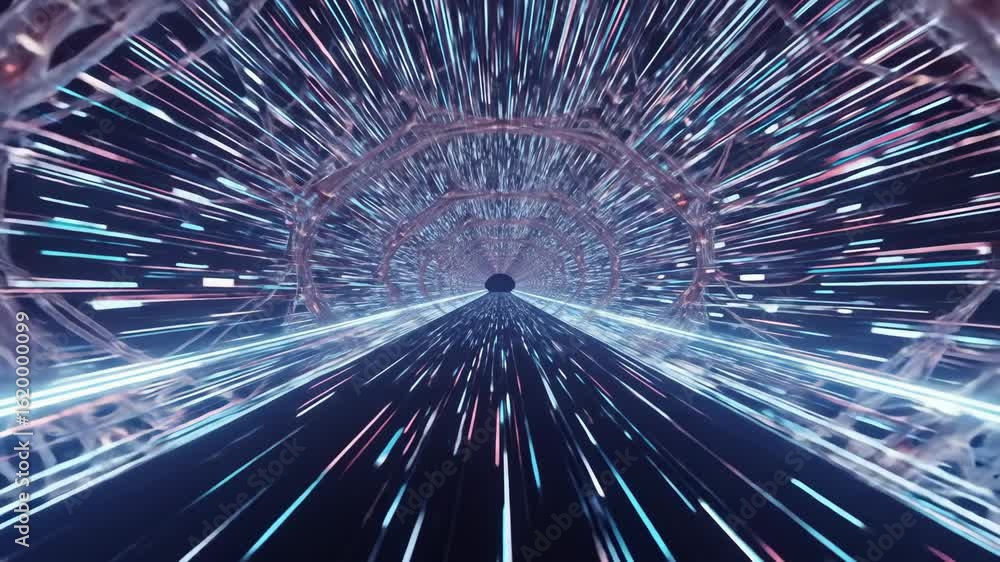 Poster traveling through a futuristic data tunnel with light speed effect. digital information transfer con