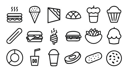 Fototapeta premium “Fast Food Line Art Set – Minimal Outline Vector Illustrations of Burgers, Pizza, Snacks, and Drinks Fast food, line art, outline icons, vector illustrations, minimal design, burger icon, pizza