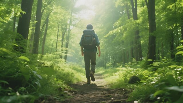 Hiker with backpack walking through a lush, sunlit forest path - Powered by Adobe