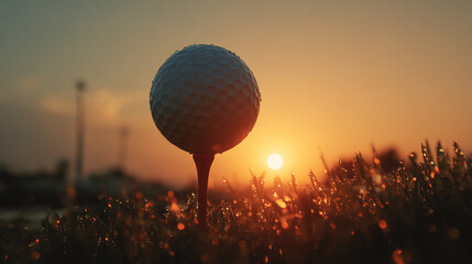 Golf Ball on Tee at Sunset with Dewy Grass and Warm Light Enhancing an Outdoor Sport Scene in Nature
