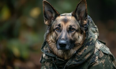 Dog wearing camouflage army outfit, symbolizing loyalty and companionship, Generative AI