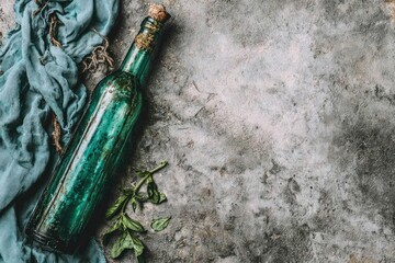 Aged teal glass bottle on textured surface with fabric