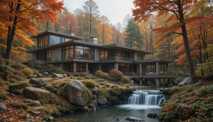 Obraz premium A Contemporary Home in an Autumn Forest Near a Waterfall