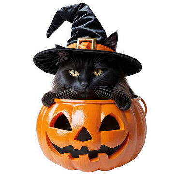 Black cat in witch hat leaning on Halloween pumpkin basket on transparent background