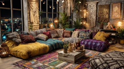 Boho Chic Loft Living Room With City View