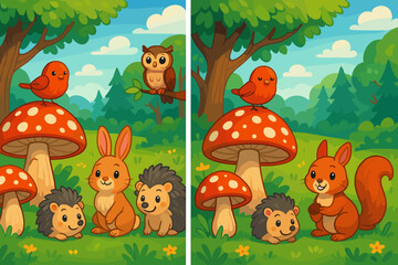 Naklejka premium Cartoon forest scene with animals playing find the differences game 