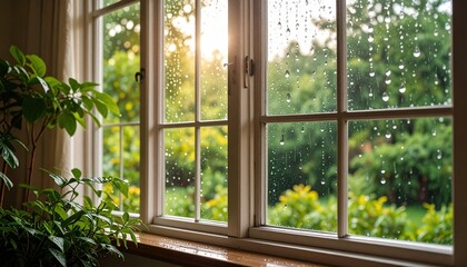 Rainy Day View Through Window With Plants