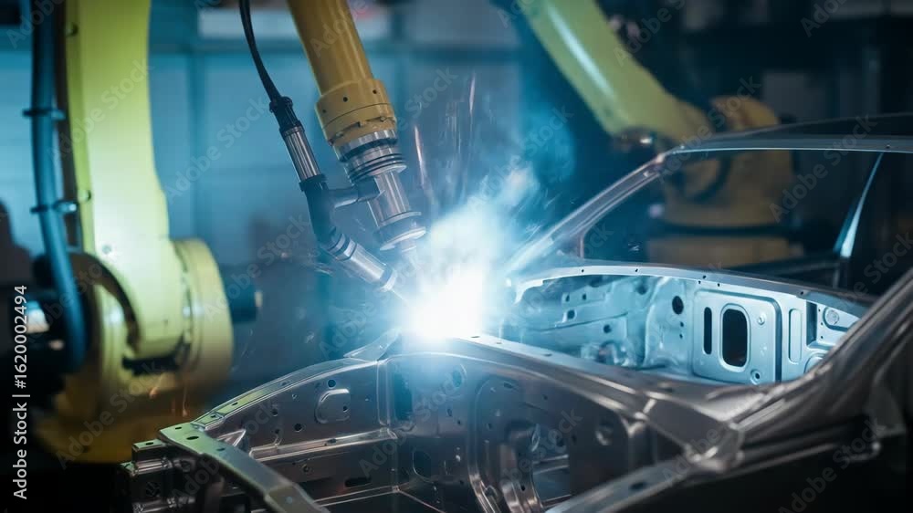 Aufkleber robotic arm welding an automobile frame in a modern factory setting for industrial automation and ma