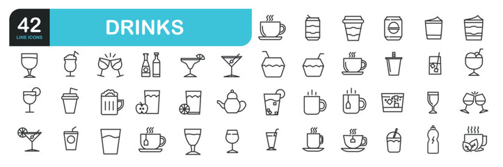 Set of line icons related to drinks, alcohol, tea, coffee, mineral water, healthy. Outline icons collection. Editable stroke. Vector illustration