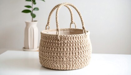 Fototapeta premium Beige crochet tote bag on a white table
