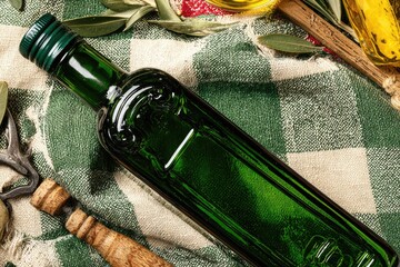 Emerald green glass olive oil bottle on checkered tablecloth with olive leaves and vintage tools