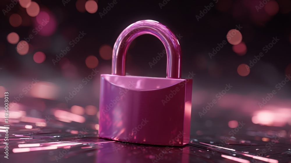 Poster secure shiny pink padlock on dark reflective surface with pink bokeh lights digital security concept
