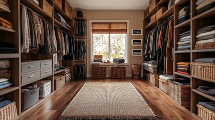 Organized walk-in closet with custom shelving