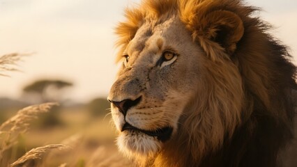 Naklejka premium Majestic Lion in the Wild at Sunset