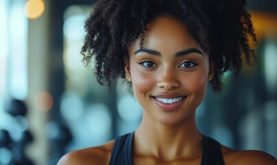 Close-up of a young happy black woman keeping fit through exercise in a gym spinning class, promoting wellness and physical health, Generative AI