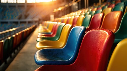 Colorful Stadium Seats Rows in Golden Sunlight Bright Plastic Chairs at Outdoor Event