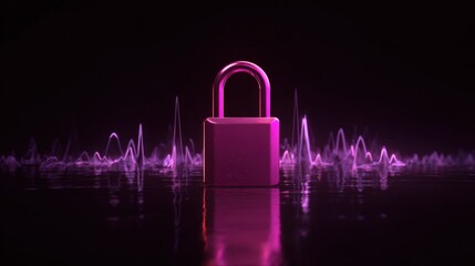 Secure Digital Data Protection Padlock Icon Reflecting on Dark Water with Purple Light Waves