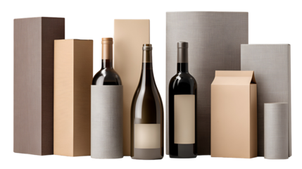 Collection of wine bottles and packaging isolated on transparent background