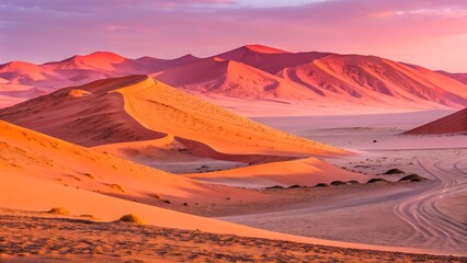 Reflected Sand Dunes and Desert Lake – Golden Light Landscape with Mountains and Sky