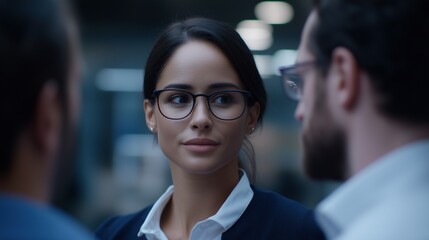 Young latin american woman and team in office portrait image. Hispanic female department manager with coworkers photography human scene. Corporate meeting concept photo-realistic