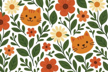 seamless pattern leaf, cat and flowers