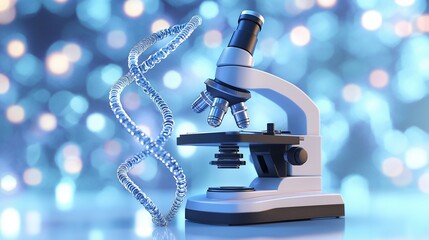 Microscope and DNA strand with blue bokeh lights image. Molecular research and lab equipment photography scene photorealistic. Modern genetic technology concept photo realistic