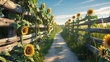 Golden sunflowers line a rustic wooden fence along a sunlit country path under a clear blue sky