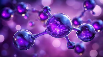 Purple molecular composition in bokeh light image closeup. Chemical model with violet glass atoms close-up photography. Organic chemistry nanotechnology concept photo realistic