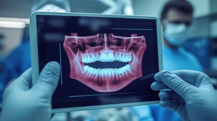 Dentist holding tablet with jawbone x-ray image closeup. Medical examination. Orthodontist in stomatology close-up photography. Modern dentistry innovation concept photo realistic