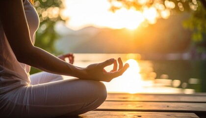 Woman Meditating By Lakeside Sunset