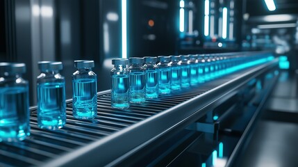 Blue vaccine vials moving on conveyor belt image. Sterile high-tech manufacturing for pharmaceutical production photography scene photorealistic. Liquid medicine concept photo realistic
