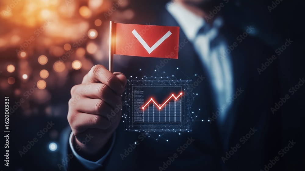 Poster trader hand giving tick flag over growing chart image with digital overlay. successful investment pr