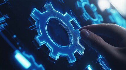 Woman hand operating with virtual cogwheel image with digital overlay. Holographic dashboard of e business photography conceptual composite. Computing concept photo realistic