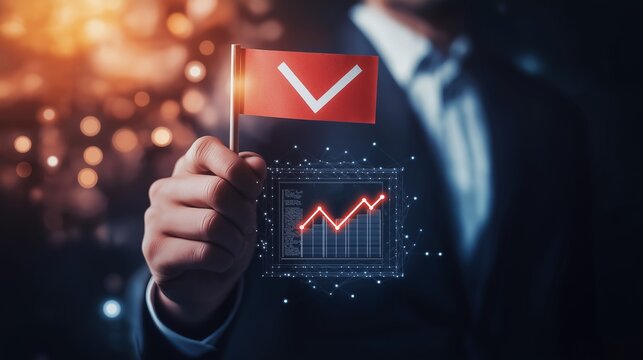 Trader hand giving tick flag over growing chart image with digital overlay. Successful investment prediction photography conceptual composite. Stock market concept photo realistic